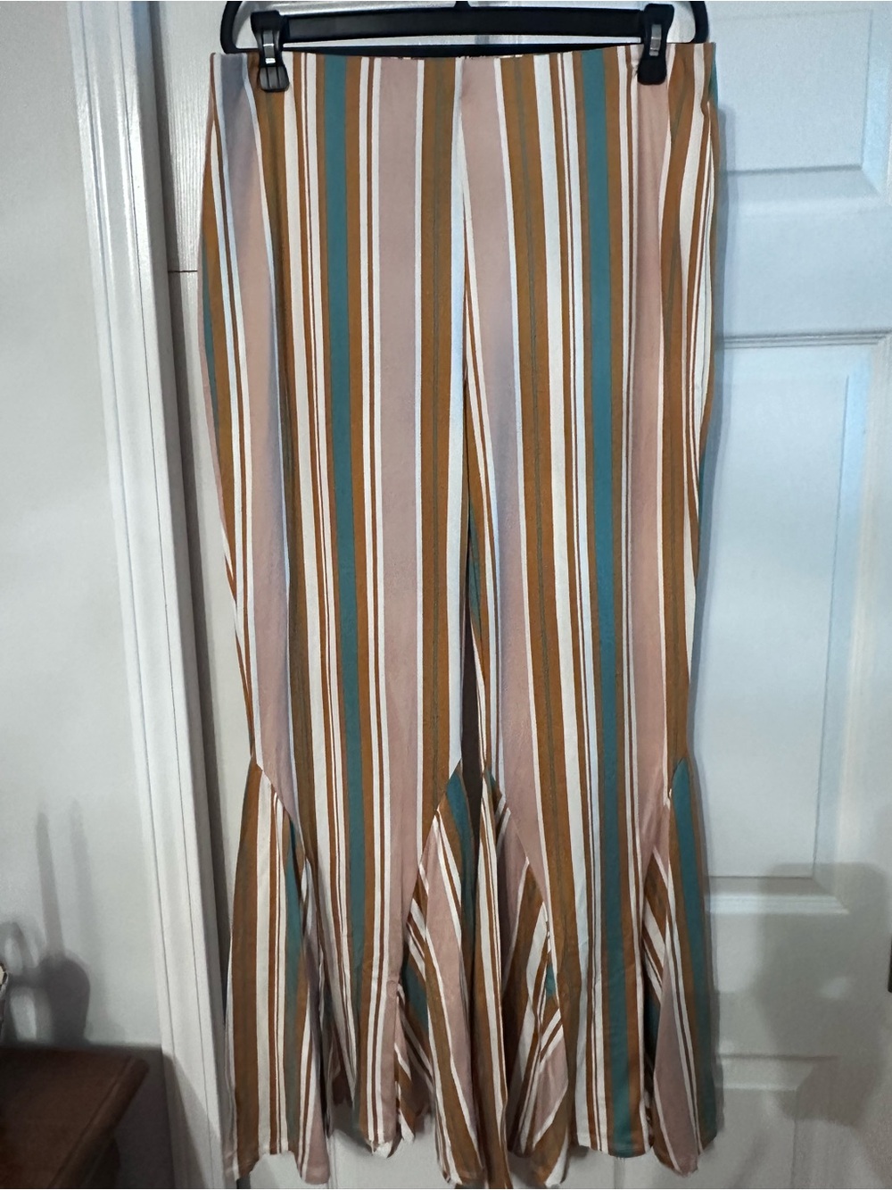 Savanna Jane Striped Flare "Bellbottom" Stretch Pants in Tan, Teal & Pink